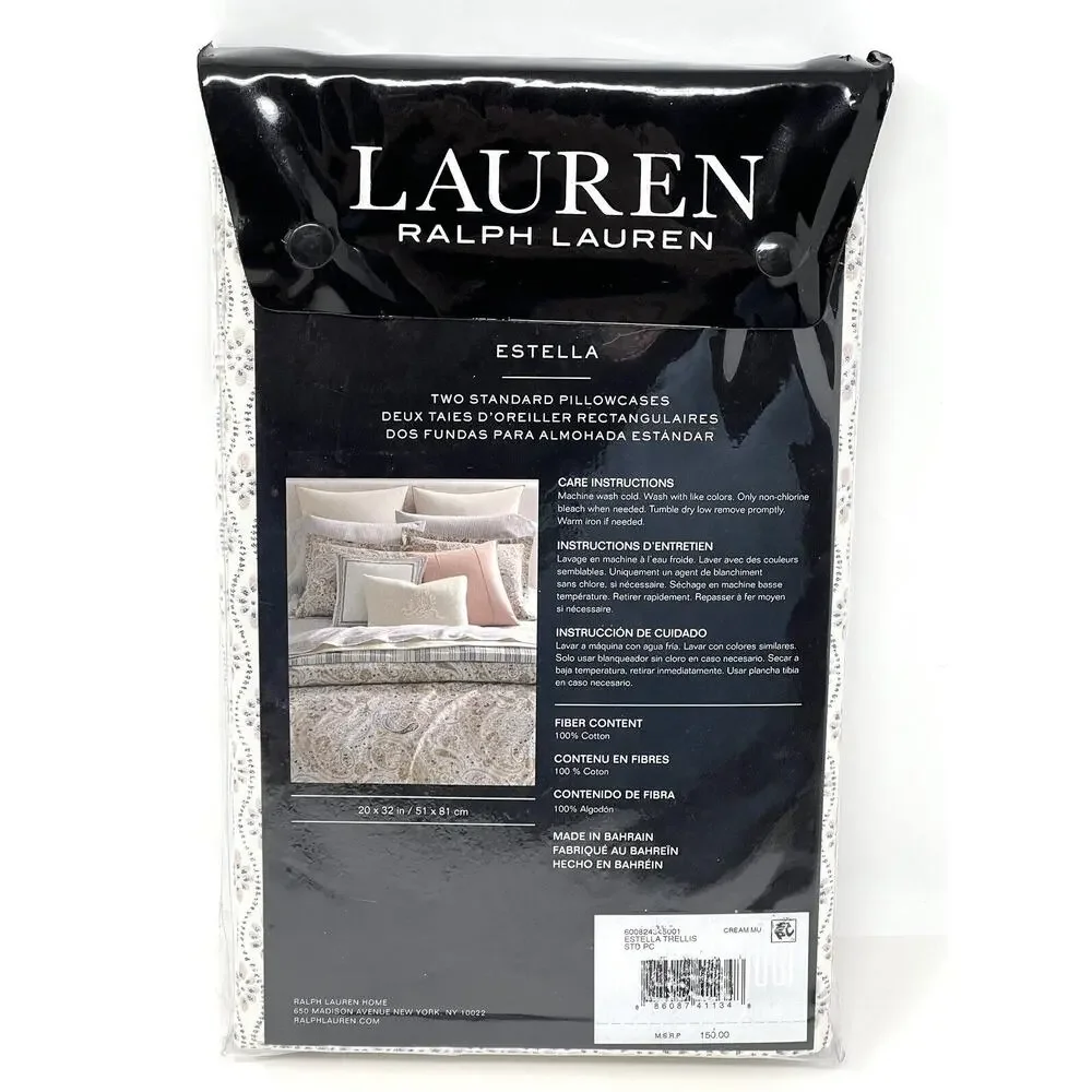 Ralph Lauren Estella Trellis Standard Pillowcases Pair NIP 20” X 32” Cream Multi